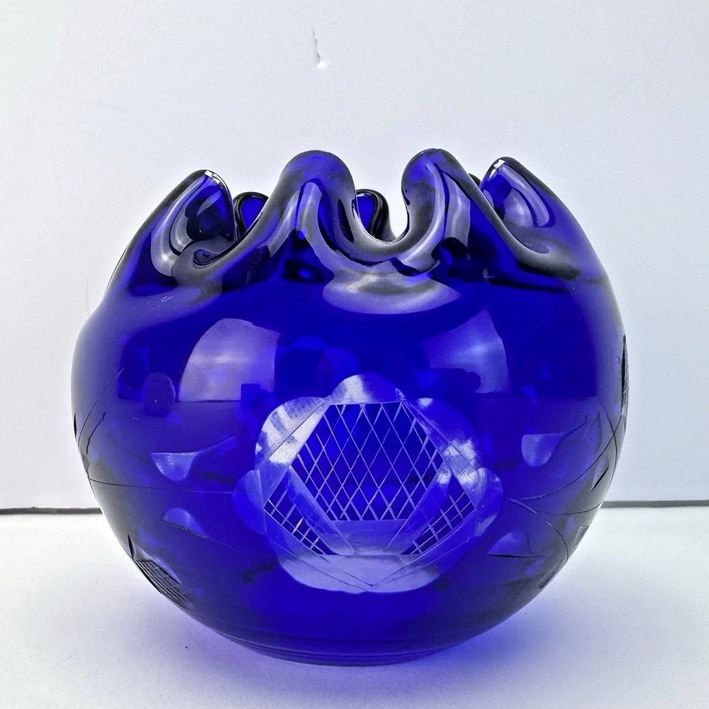 Cobalt Blue Rose‎ Bowl Dish Cut to Clear Crystal Ruffle Pinched Vase